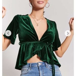 Forever 21 Green Velvet Faux Wrap Top, Small